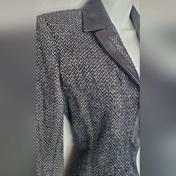 Wool & Genuine Leather Black & Gray Modern Blazer Jacket Notched - Picture 4 of 10